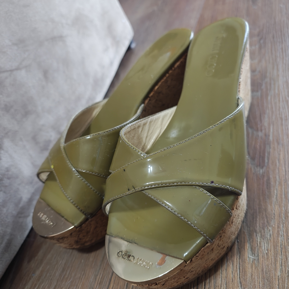 Jimmy Choo Prima Cork Olive Green Wedge Sandals